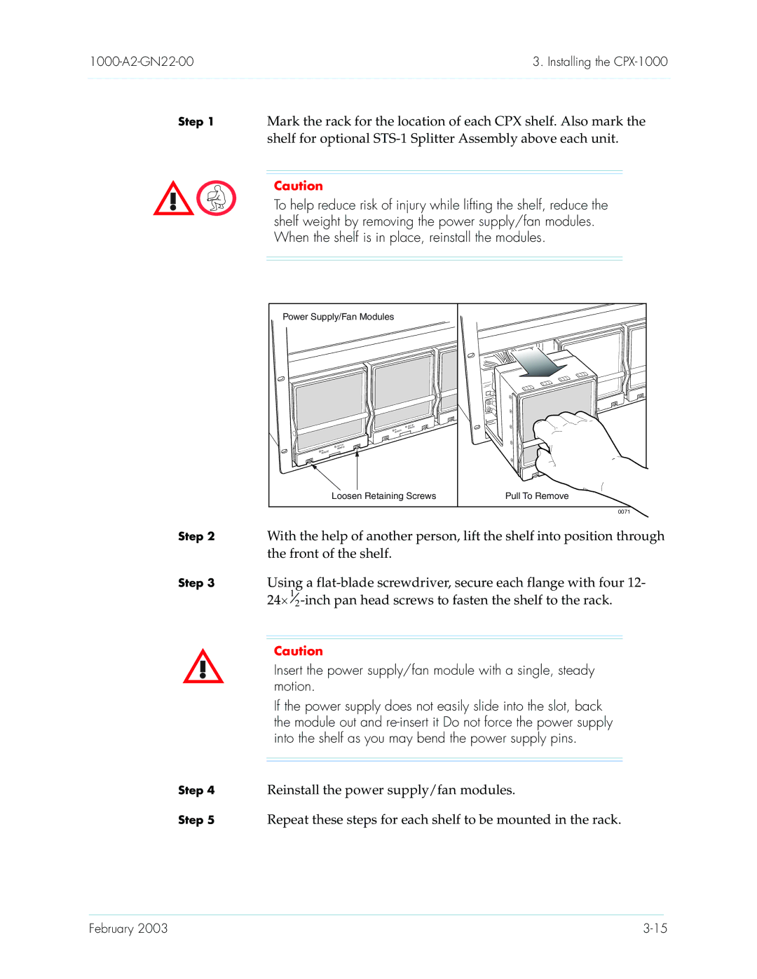 Paradyne CPX-1000 manual Shelf for optional STS-1 Splitter Assembly above each unit, Front of the shelf 