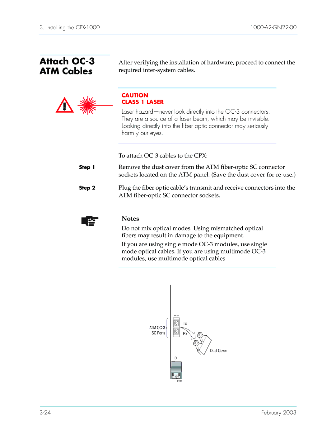 Paradyne CPX-1000 manual Attach OC-3 ATM Cables, To attach OC-3 cables to the CPX, ATM fiber-optic SC connector sockets 