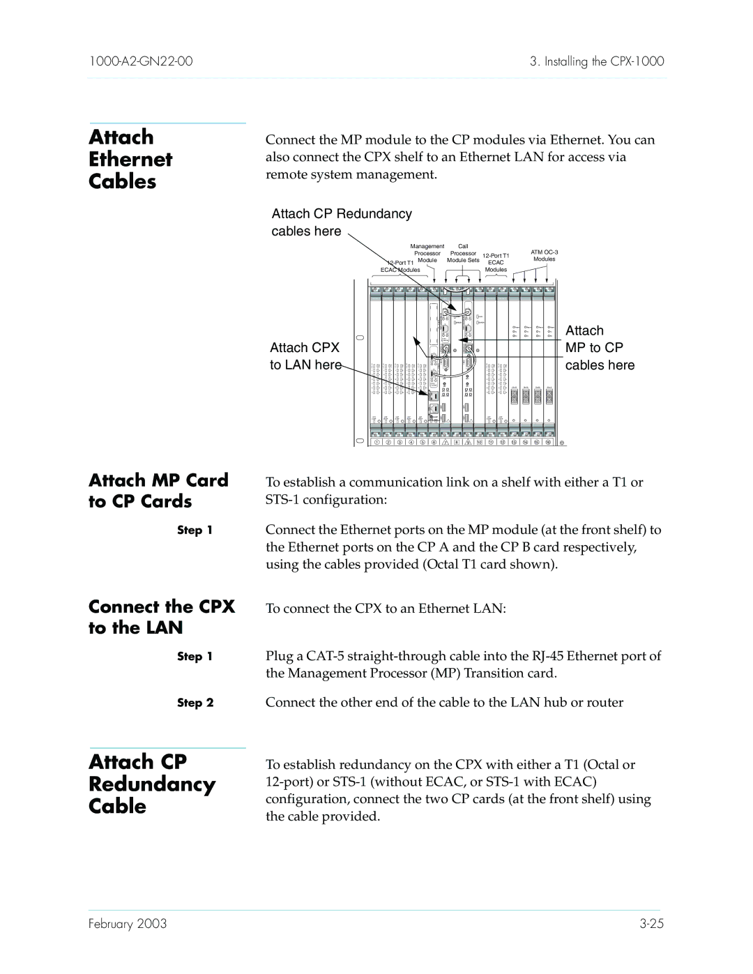 Paradyne CPX-1000 manual Attach Ethernet Cables, Attach CP Redundancy Cable, Attach MP Card to CP Cards 