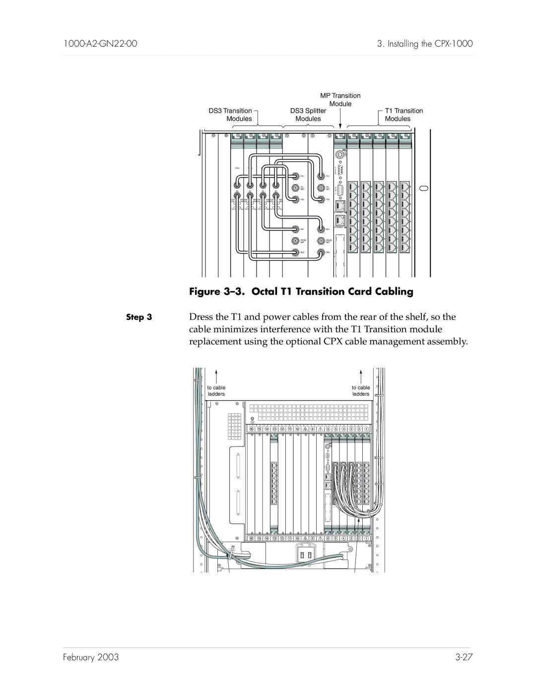 Paradyne CPX-1000 manual Octal T1 Transition Card Cabling, Dress the T1 and power cables from the rear of the shelf, so 