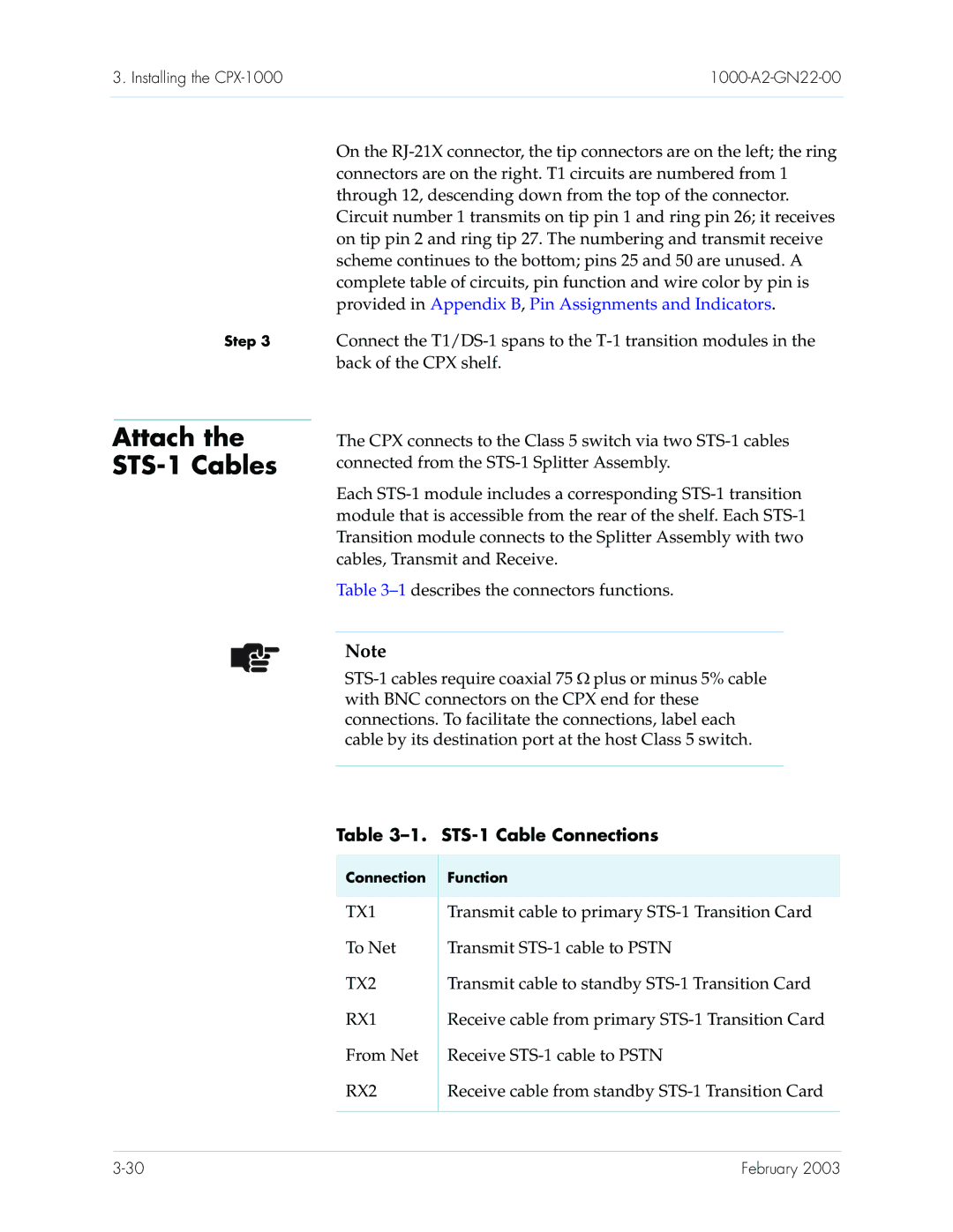 Paradyne CPX-1000 manual Attach the STS-1 Cables, STS-1 Cable ConnectionsΩ, To Net Transmit STS-1 cable to Pstn 