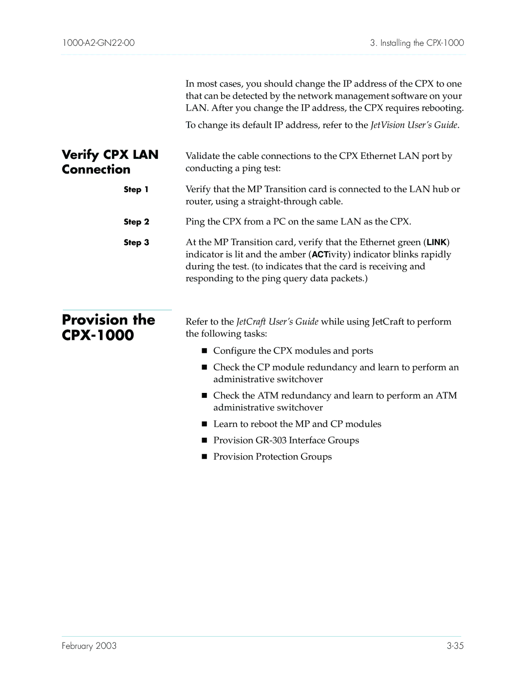 Paradyne manual Provision the CPX-1000, Verify CPX LAN, Connection 