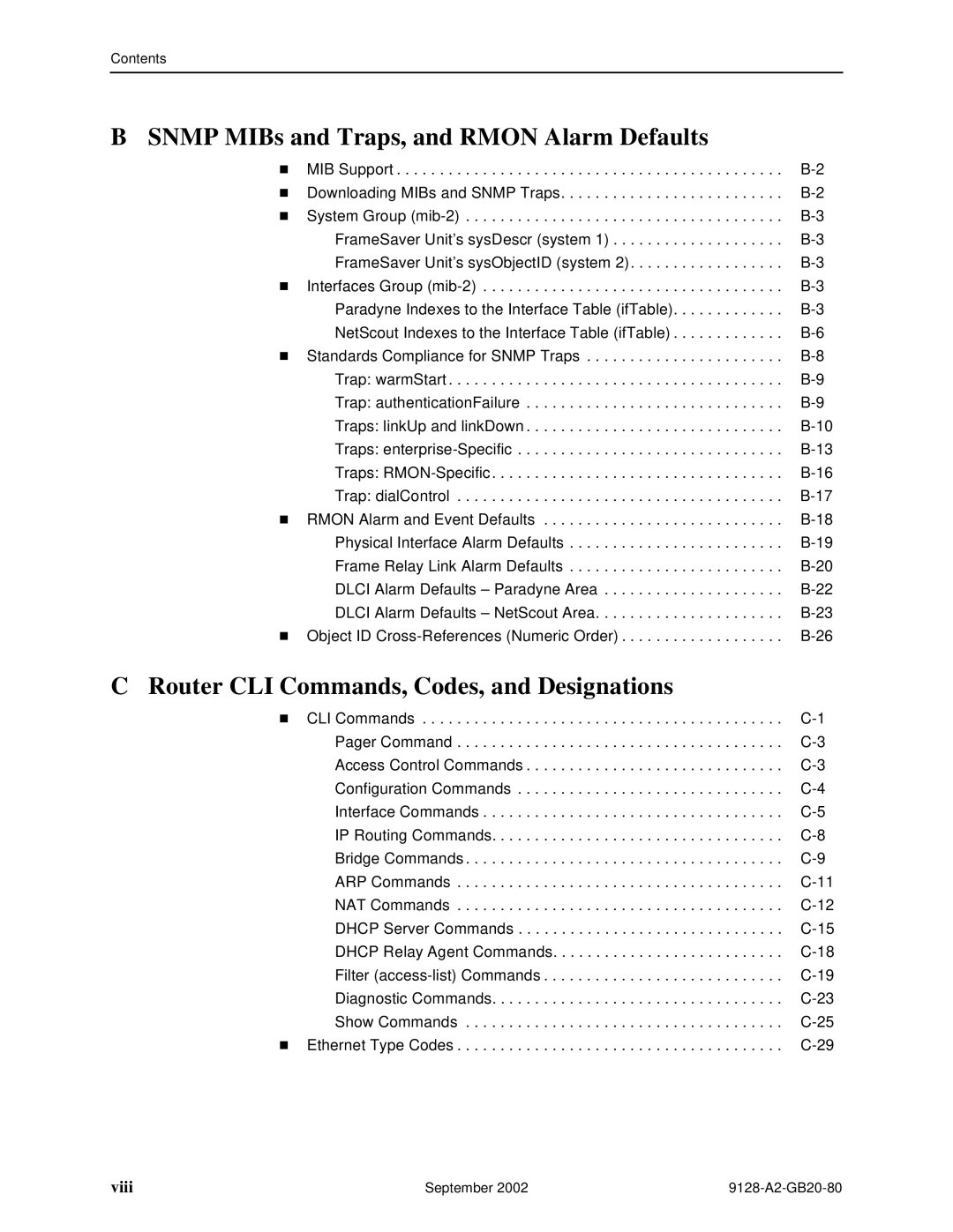 Paradyne 9128-II, 9126 Snmp MIBs and Traps, and Rmon Alarm Defaults, Router CLI TCommands, Codes, and Designations, Viii 