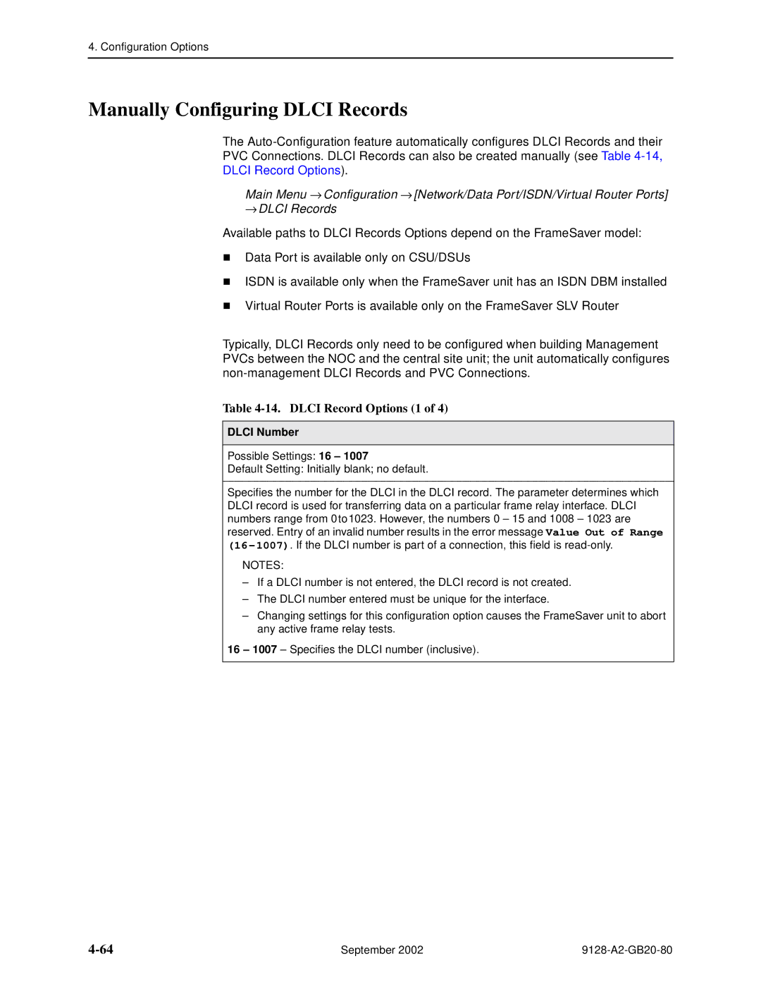 Paradyne CSU, DSU, 9126-II, 9128-II manual Manually Configuring Dlci Records, Dlci Record Options 1, Dlci Number 