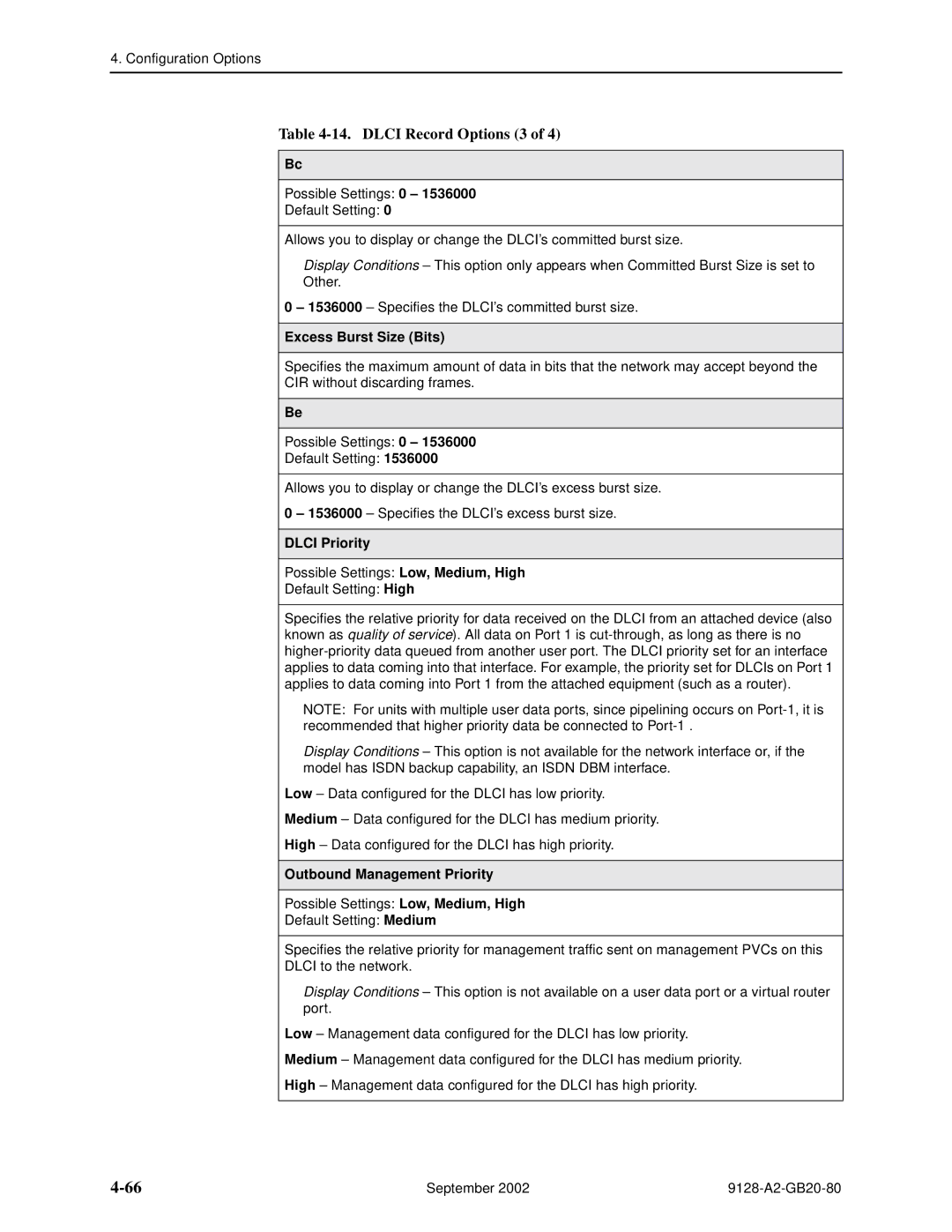 Paradyne 9128-II, CSU, DSU, 9126 Dlci Record Options 3, Excess Burst Size Bits, Dlci Priority, Outbound Management Priority 