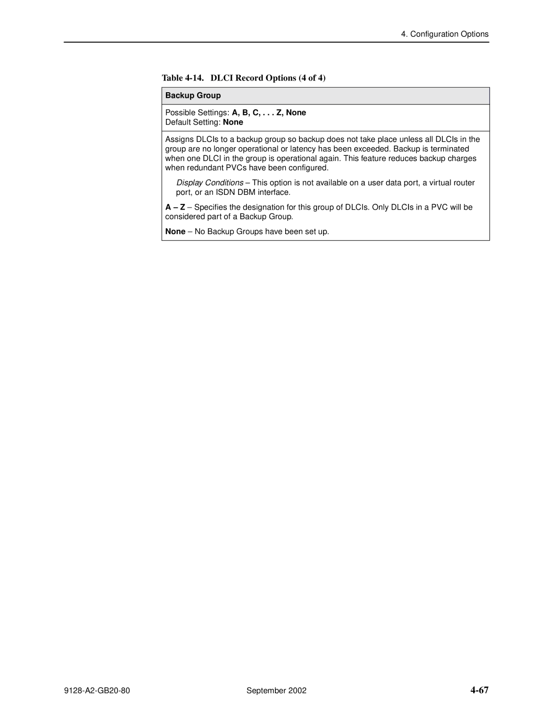 Paradyne CSU, DSU, 9126-II, 9128-II manual Dlci Record Options 4, Backup Group Possible Settings A, B, C, . . . Z, None 