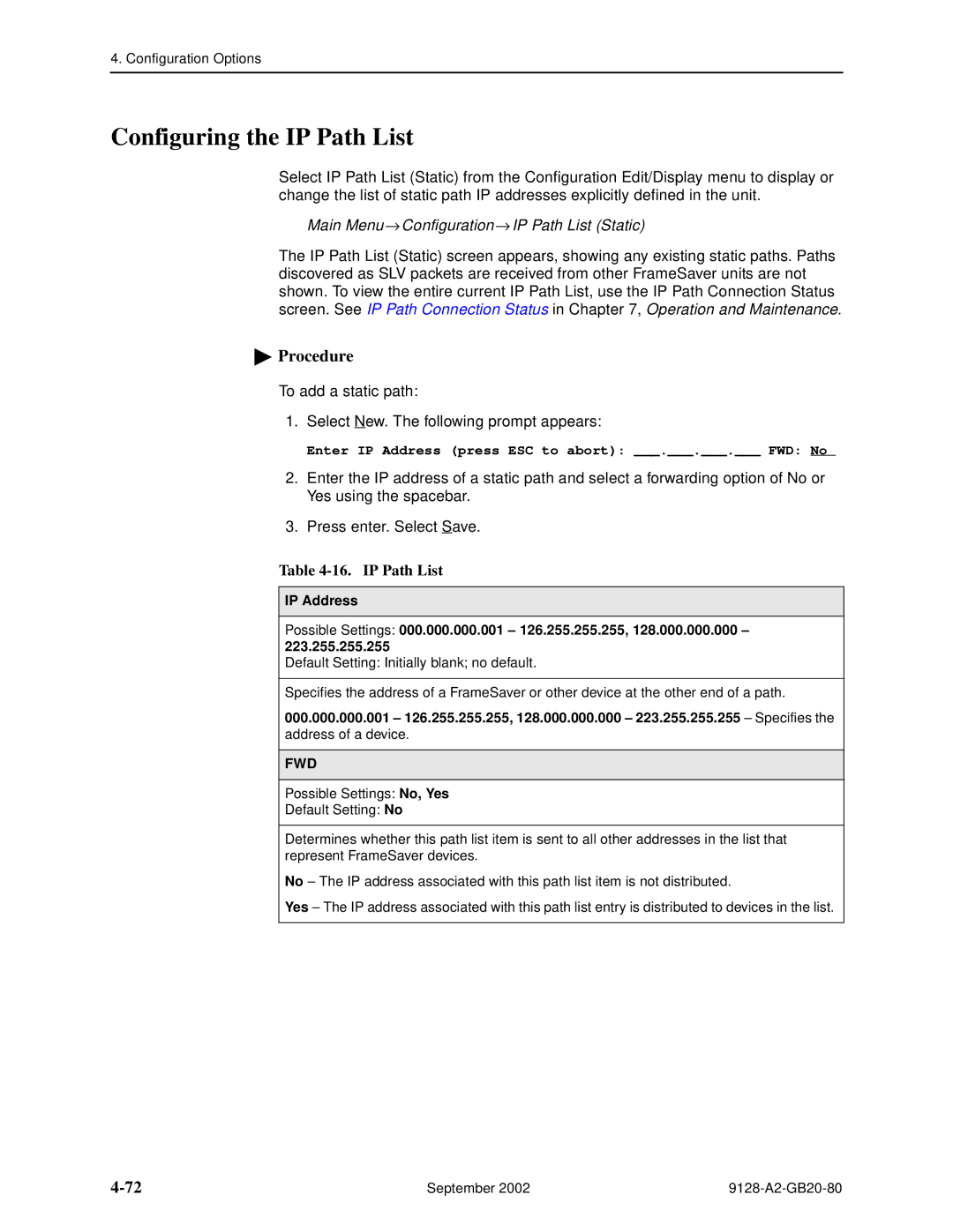 Paradyne CSU, DSU, 9126-II, 9128-II manual Configuring the IP Path List, Main Menu → Configuration → IP Path List Static 