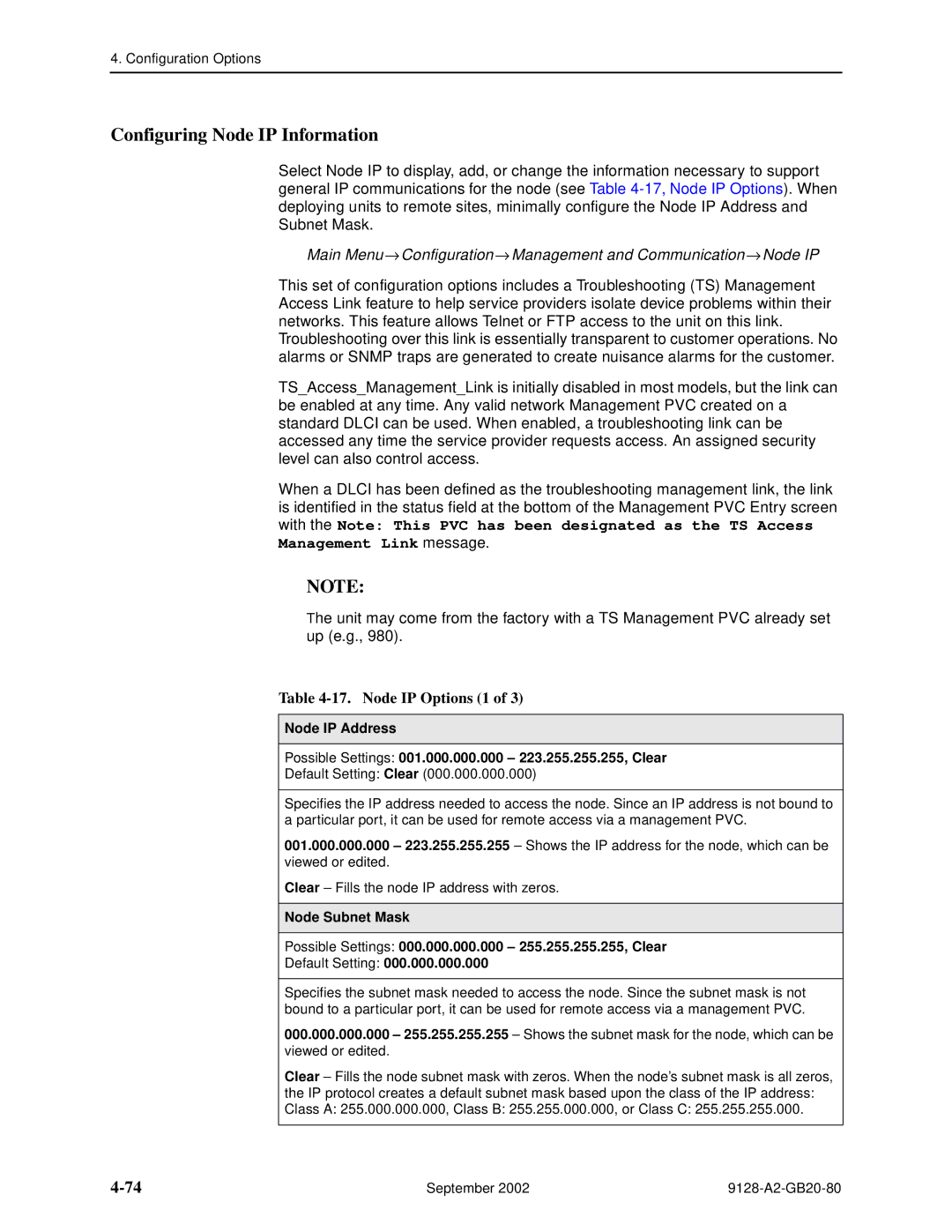 Paradyne 9128-II, CSU, DSU, 9126-II manual Configuring Node IP Information, Node IP Options 1 