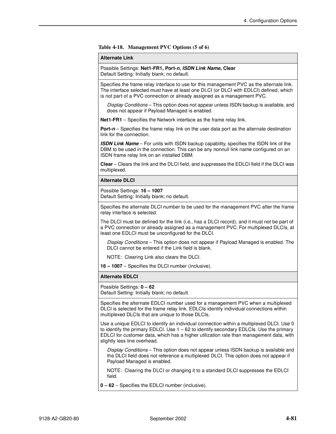 Paradyne 9126-II, CSU, DSU, 9128-II manual Management PVC Options 5, Alternate Dlci, Alternate Edlci 