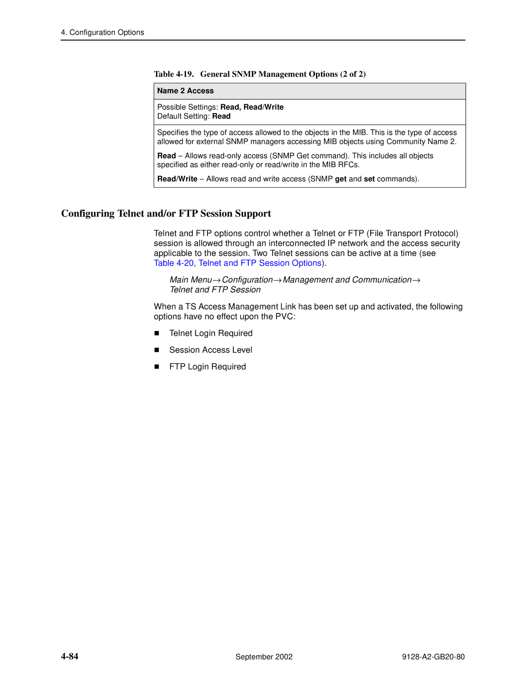 Paradyne CSU, DSU, 9126-II Configuring Telnet and/or FTP Session Support, General Snmp Management Options 2, Name 2 Access 