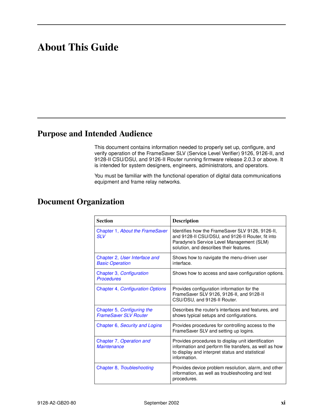 Paradyne 9126-II, CSU, DSU, 9128-II manual Purpose and Intended Audience, Document Organization, Section Description 