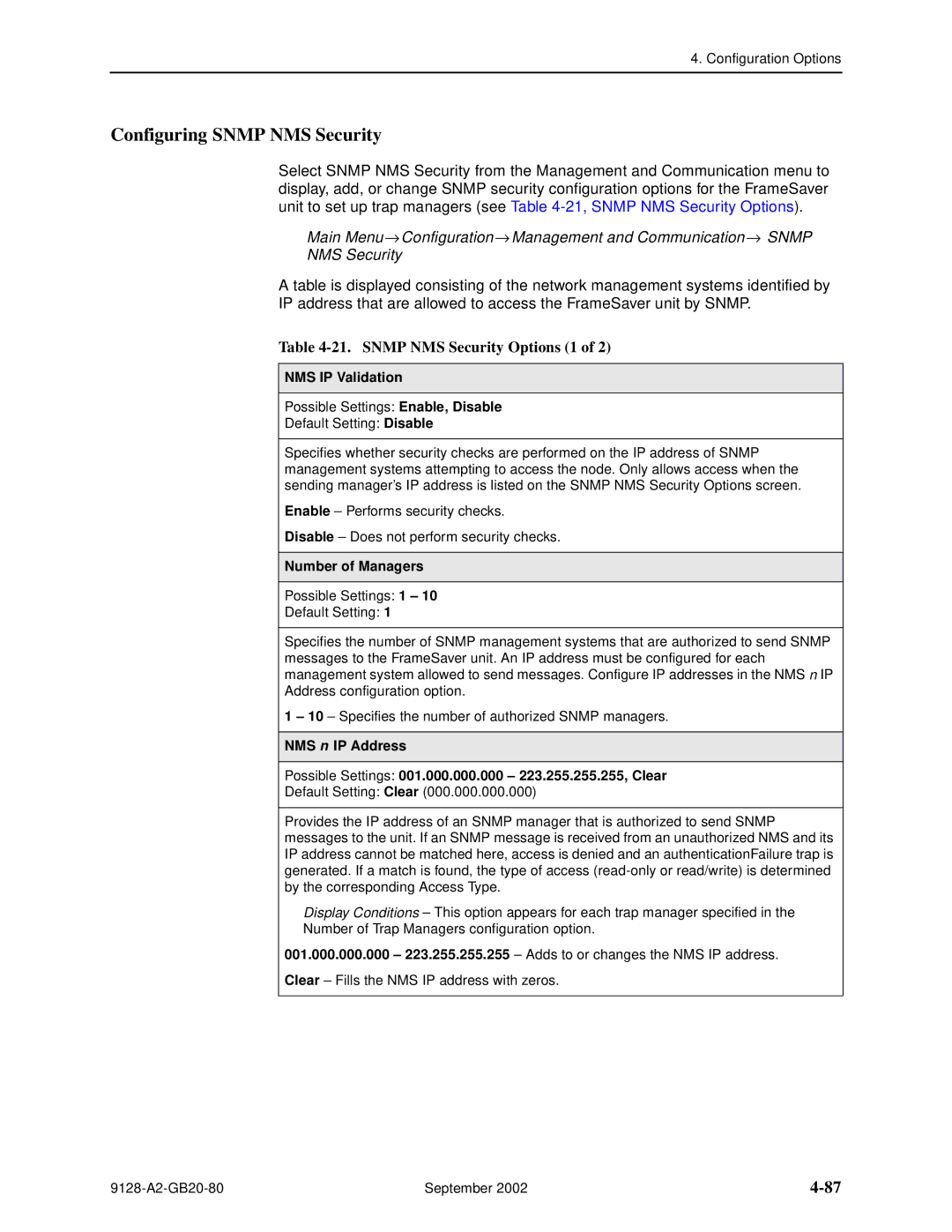 Paradyne 9126, CSU, DSU Configuring Snmp NMS Security, Snmp NMS Security Options 1, NMS IP Validation, Number of Managers 