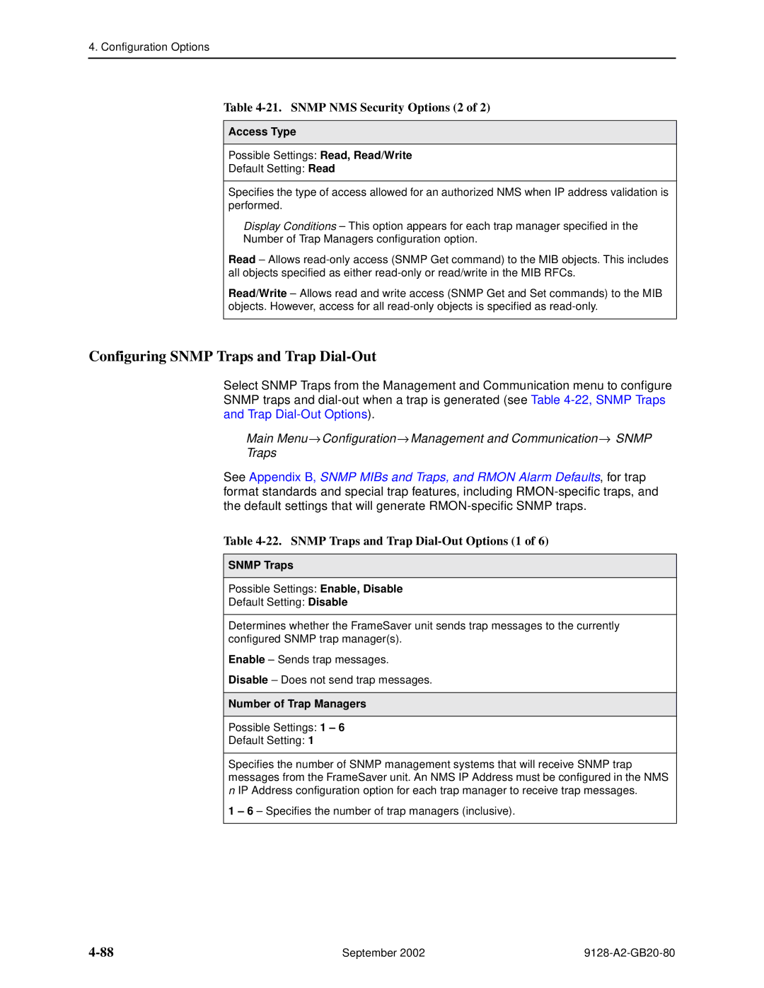 Paradyne CSU, DSU, 9126-II, 9128-II manual Configuring Snmp Traps and Trap Dial-Out, Snmp NMS Security Options 2 