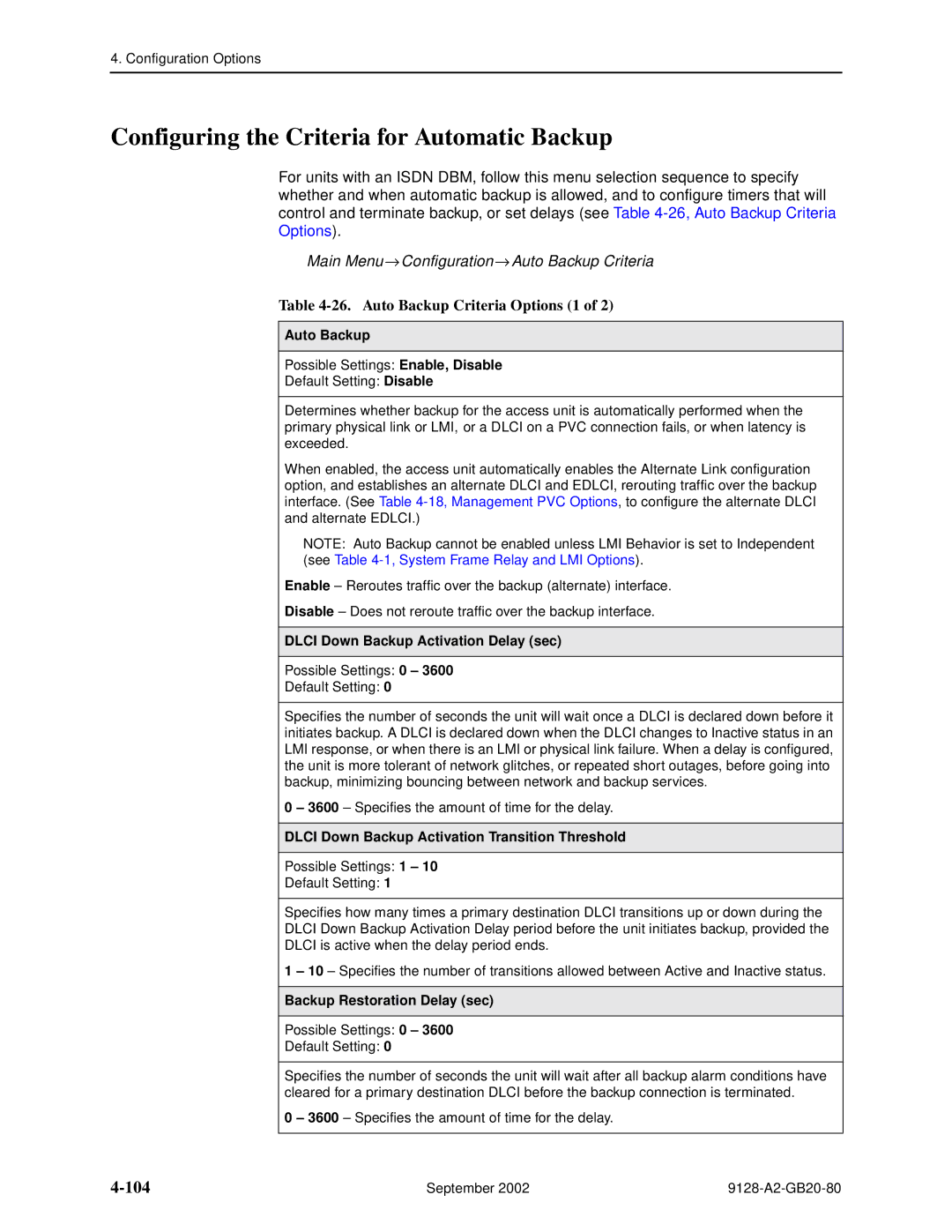 Paradyne CSU, DSU Configuring the Criteria for Automatic Backup, 104, Main Menu → Configuration → Auto Backup Criteria 