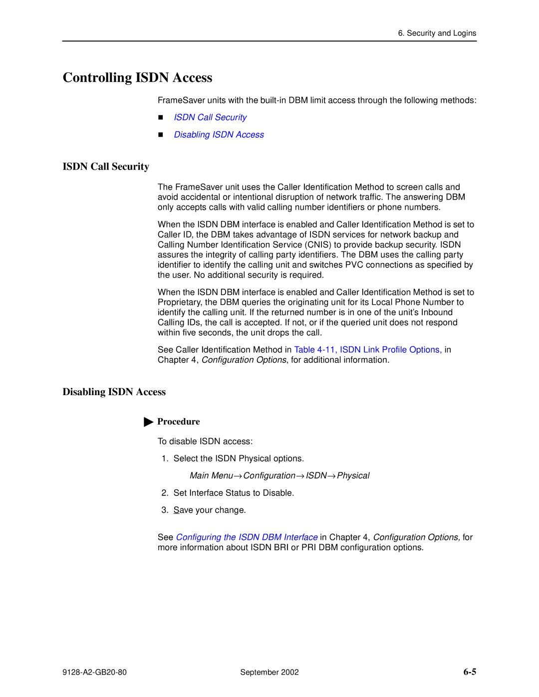 Paradyne CSU, DSU, 9126-II, 9128-II manual Controlling Isdn Access, Isdn Call Security, Disabling Isdn Access 