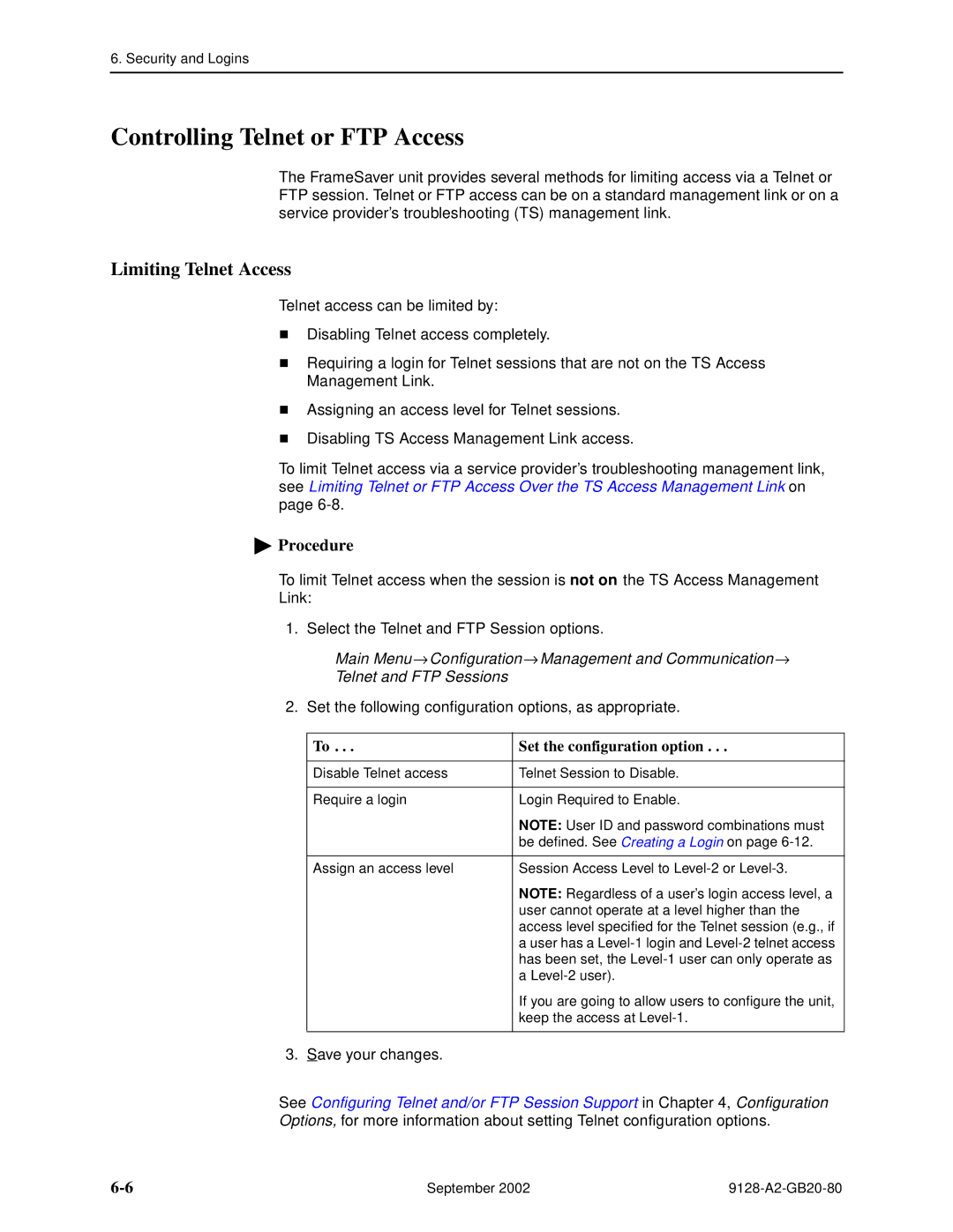 Paradyne CSU, DSU, 9126-II, 9128-II manual Controlling Telnet or FTP Access, Limiting Telnet Access 