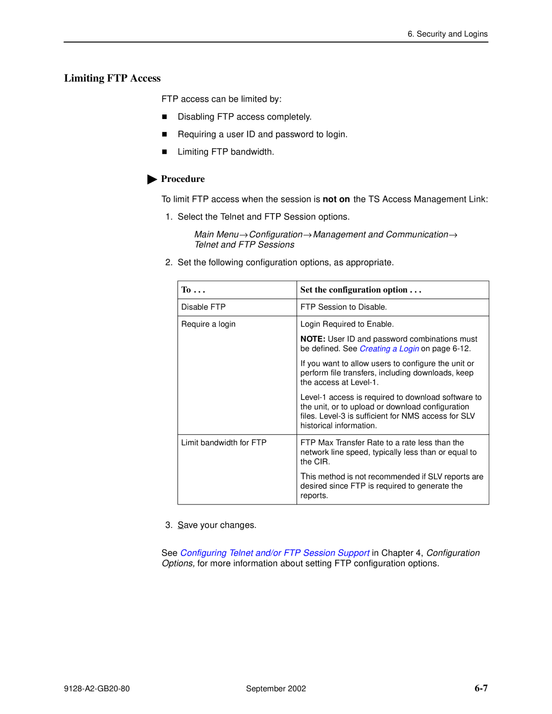 Paradyne 9126-II, CSU, DSU, 9128-II manual Limiting FTP Access 