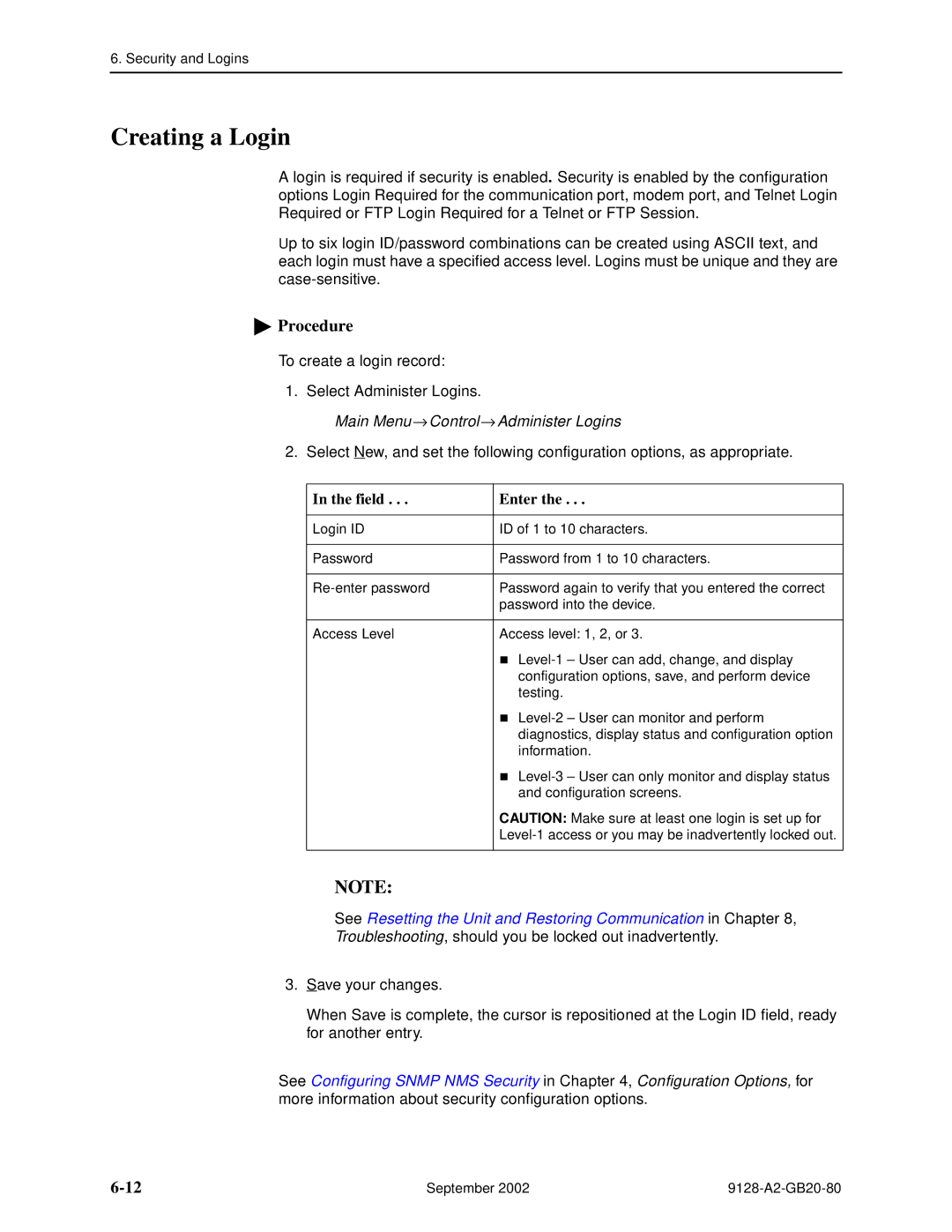 Paradyne 9128-II, CSU, DSU, 9126-II manual Creating a Login, Main Menu → Control→ Administer Logins, Field Enter 