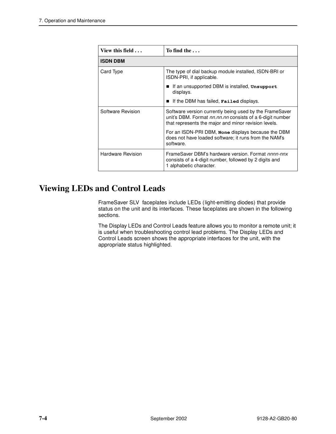 Paradyne 9128-II, CSU, DSU, 9126-II manual Viewing LEDs and Control Leads, Isdn DBM 