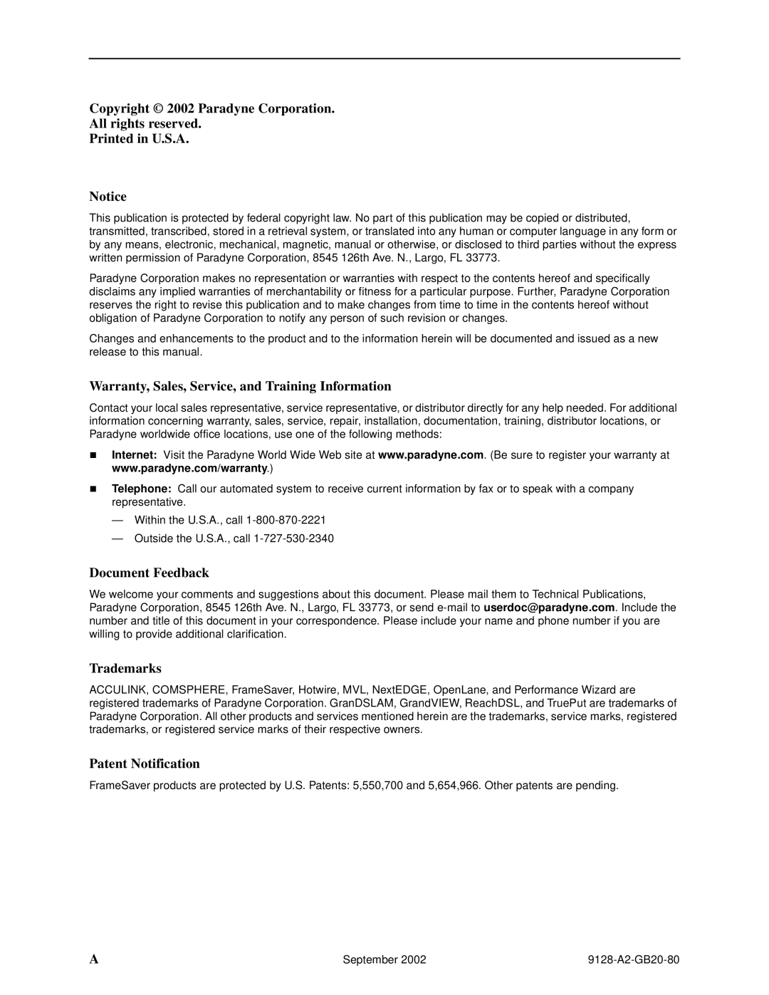 Paradyne 9128-II, CSU, DSU, 9126-II Copyright 2002 Paradyne Corporation All rights reserved, Document Feedback, Trademarks 