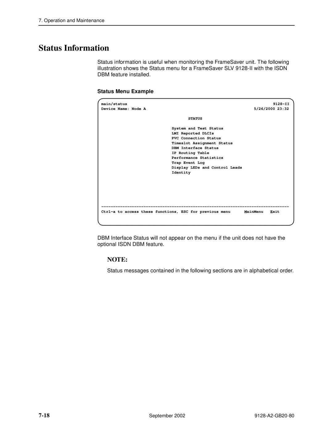 Paradyne CSU, DSU, 9126-II, 9128-II manual Status Information, Status Menu Example 