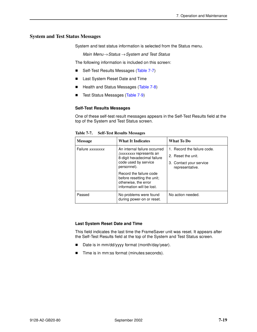 Paradyne 9126-II System and Test Status Messages, Main Menu → Status → System and Test Status, Self-Test Results Messages 