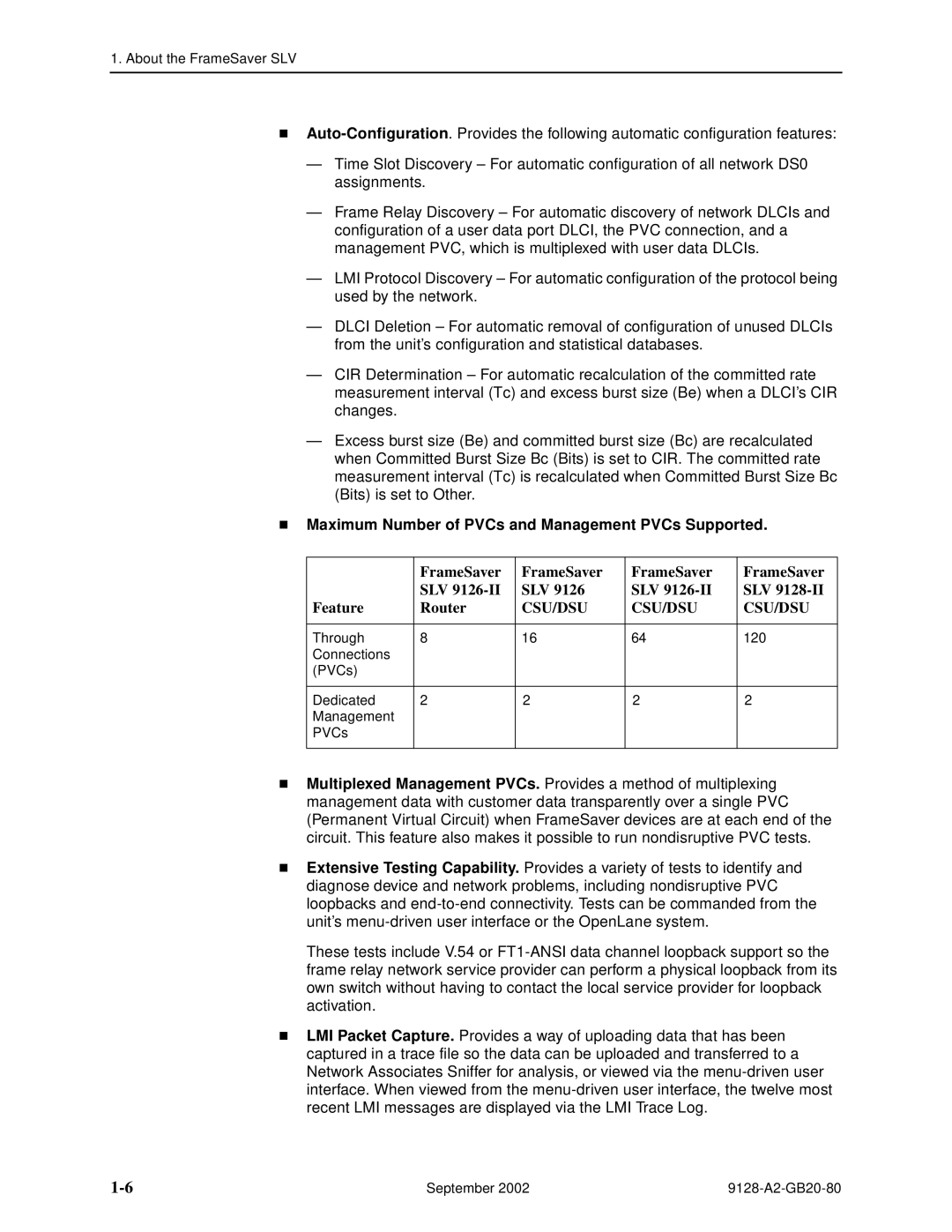 Paradyne 9128-II, CSU, DSU, 9126-II Maximum Number of PVCs and Management PVCs Supported, FrameSaver SLV Feature Router 