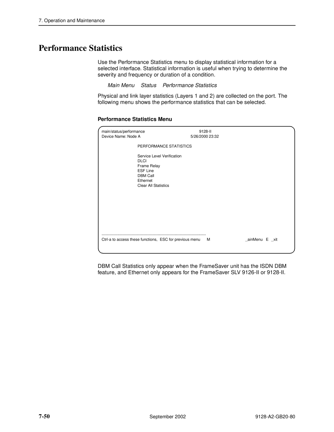 Paradyne CSU, DSU, 9126-II, 9128-II manual Main Menu → Status→ Performance Statistics, Performance Statistics Menu 