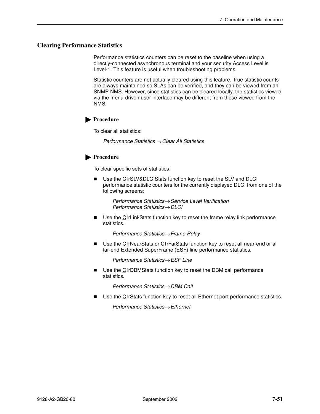 Paradyne 9126-II, CSU, DSU, 9128-II manual Clearing Performance Statistics 