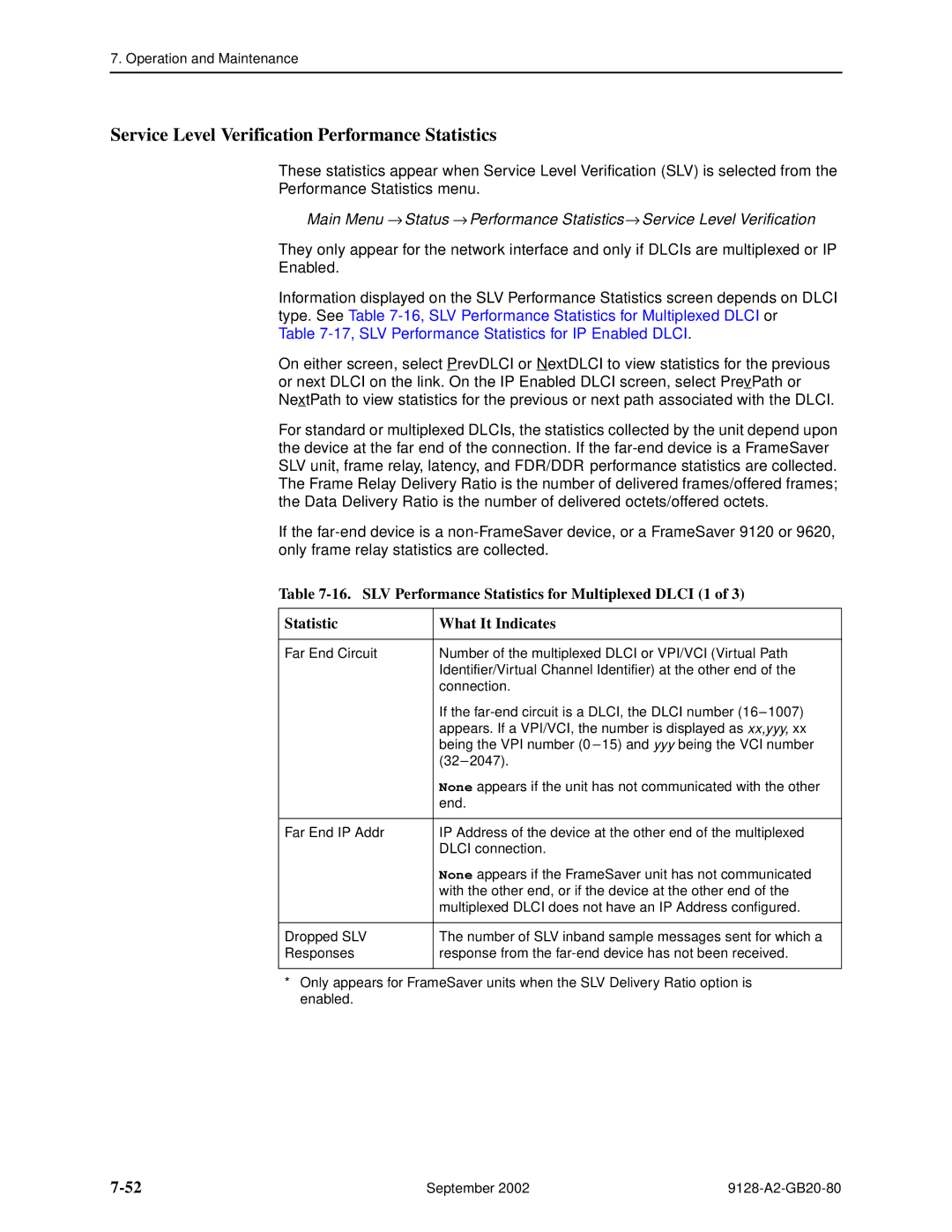 Paradyne 9128-II Service Level Verification Performance Statistics, 17, SLV Performance Statistics for IP Enabled Dlci 