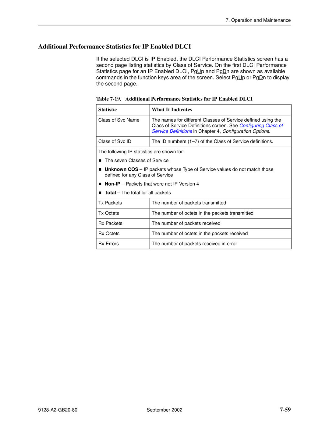 Paradyne 9126-II Additional Performance Statistics for IP Enabled Dlci, Service Definitions in , Configuration Options 