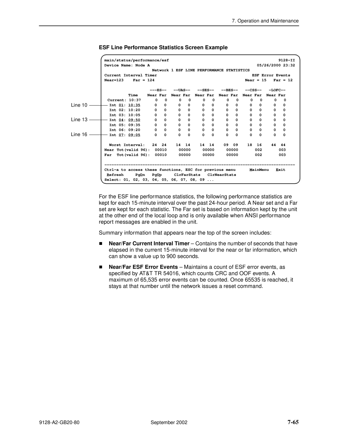 Paradyne CSU, DSU, 9126-II, 9128-II manual ESF Line Performance Statistics Screen Example, Lofc 