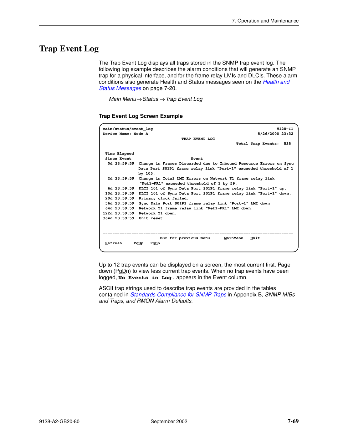 Paradyne CSU, DSU, 9126-II, 9128-II manual Main Menu → Status → Trap Event Log, Trap Event Log Screen Example 