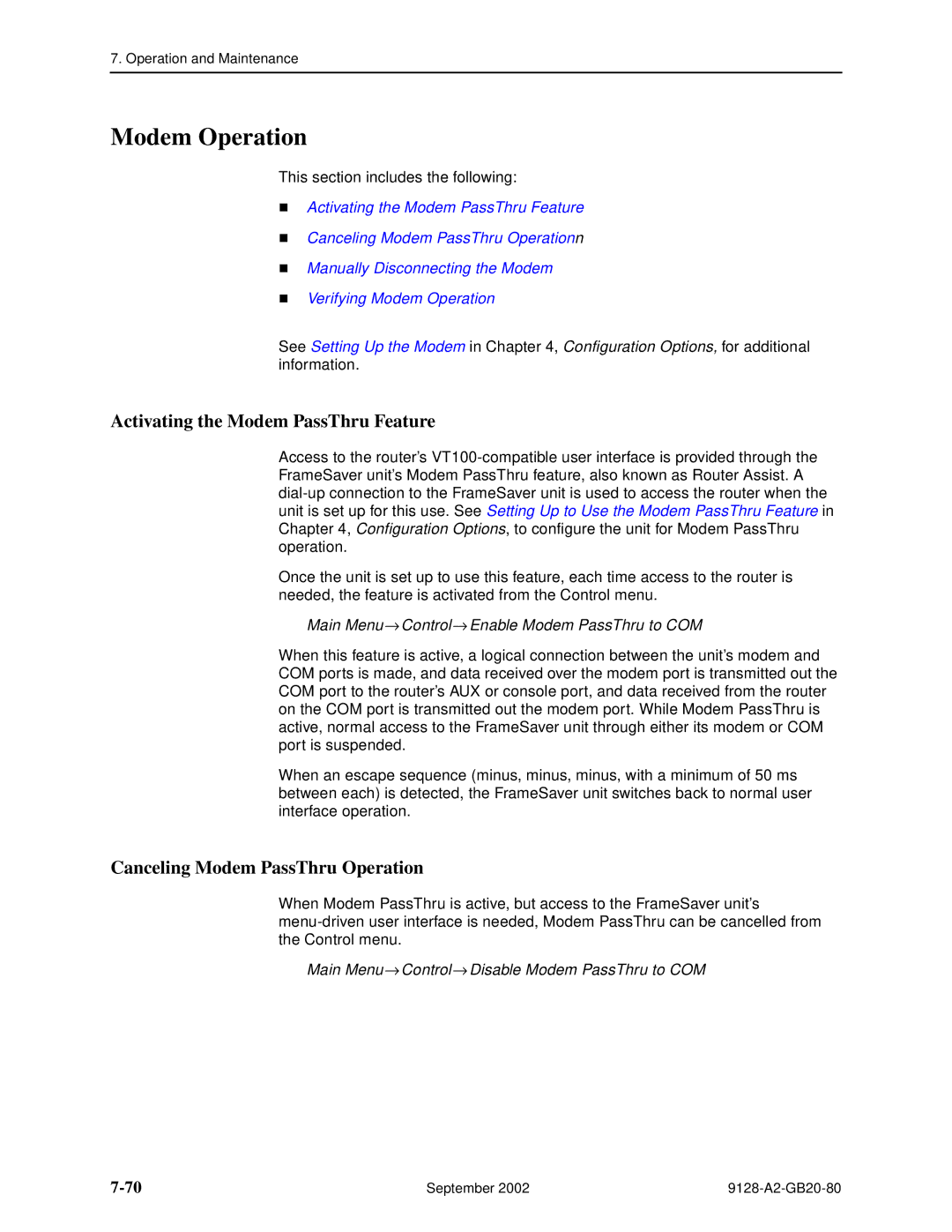 Paradyne CSU, DSU, 9126-II manual Modem Operation, Activating the Modem PassThru Feature, Canceling Modem PassThru Operation 