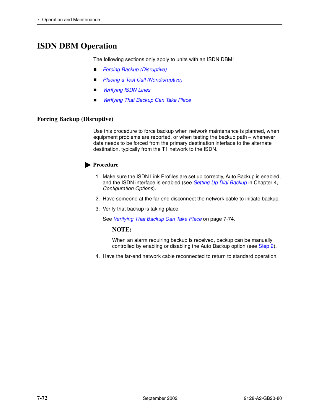 Paradyne 9128-II, CSU, DSU, 9126-II manual Isdn DBM Operation, Forcing Backup Disruptive 