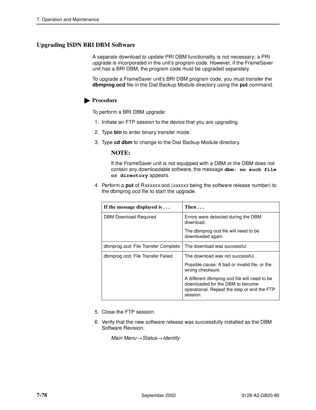 Paradyne CSU, DSU, 9126-II, 9128-II manual Upgrading Isdn BRI DBM Software, Main Menu → Status→ Identity 