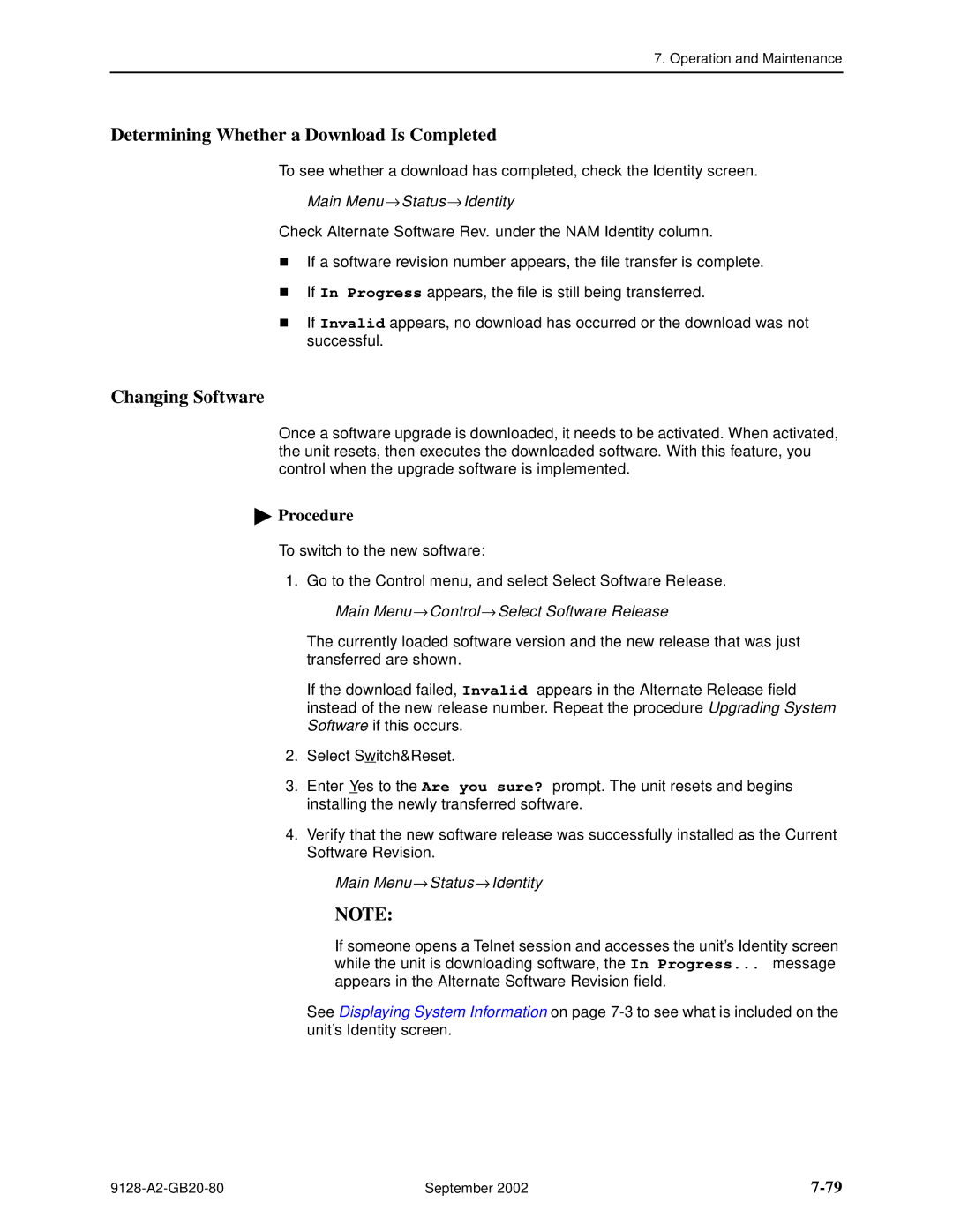 Paradyne 9126-II, CSU, DSU, 9128-II manual Determining Whether a Download Is Completed, Changing Software 