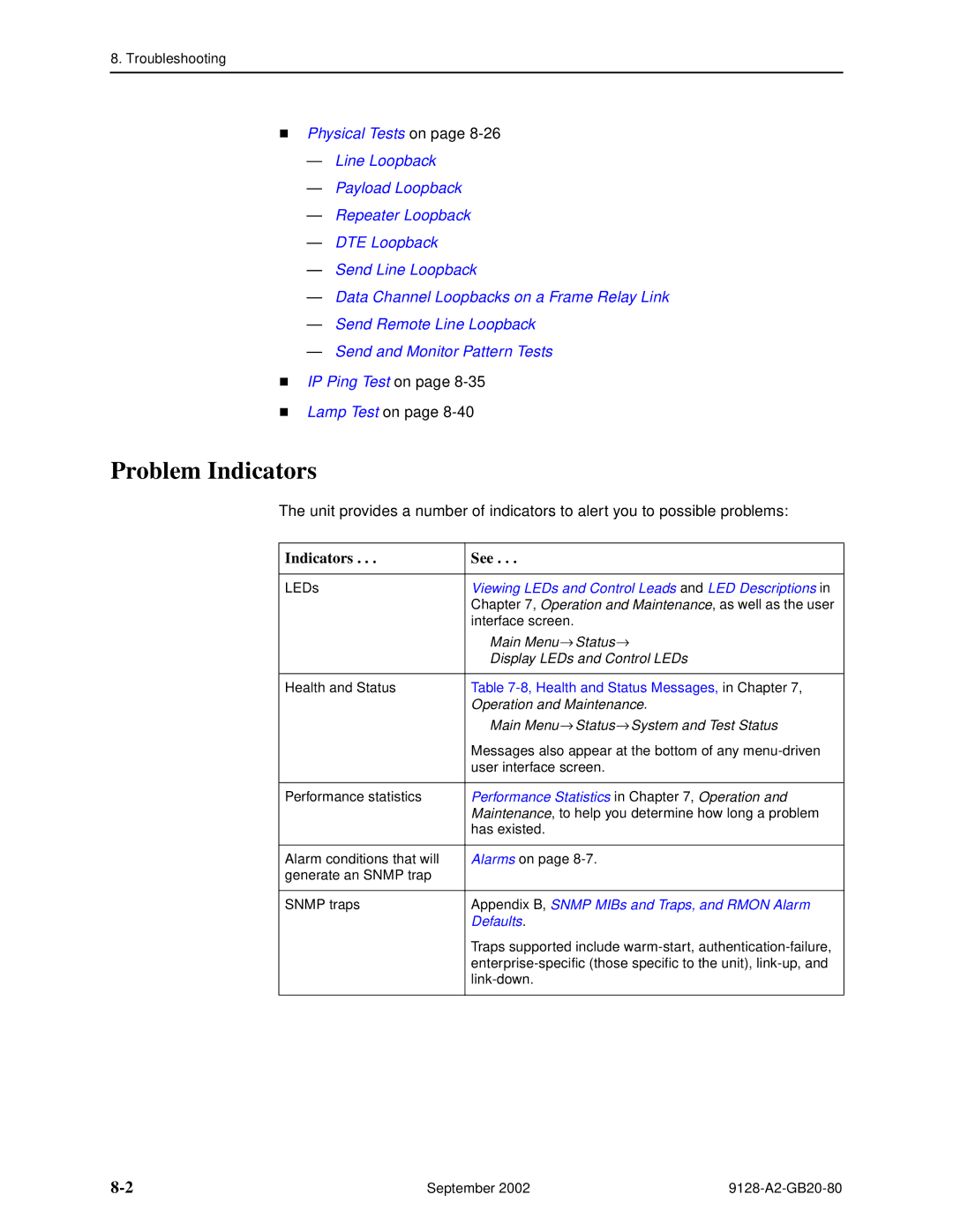 Paradyne 9128-II, CSU, DSU, 9126-II Problem Indicators, Indicators See, Main Menu → Status → Display LEDs and Control LEDs 