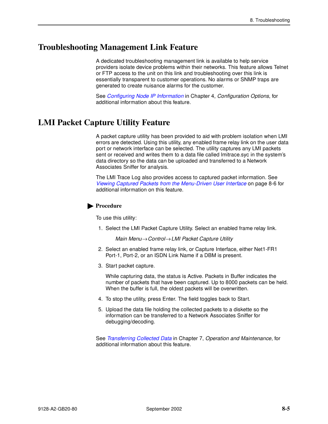 Paradyne 9126-II, CSU, DSU, 9128-II manual Troubleshooting Management Link Feature, LMI Packet Capture Utility Feature 