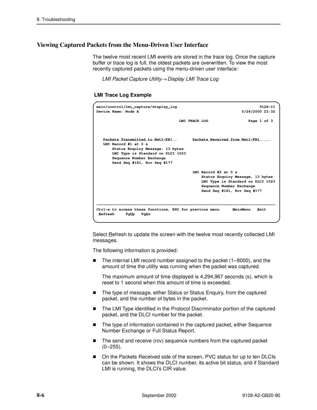 Paradyne 9128-II, CSU, DSU, 9126-II manual LMI Packet Capture Utility→ Display LMI Trace Log, LMI Trace Log Example 