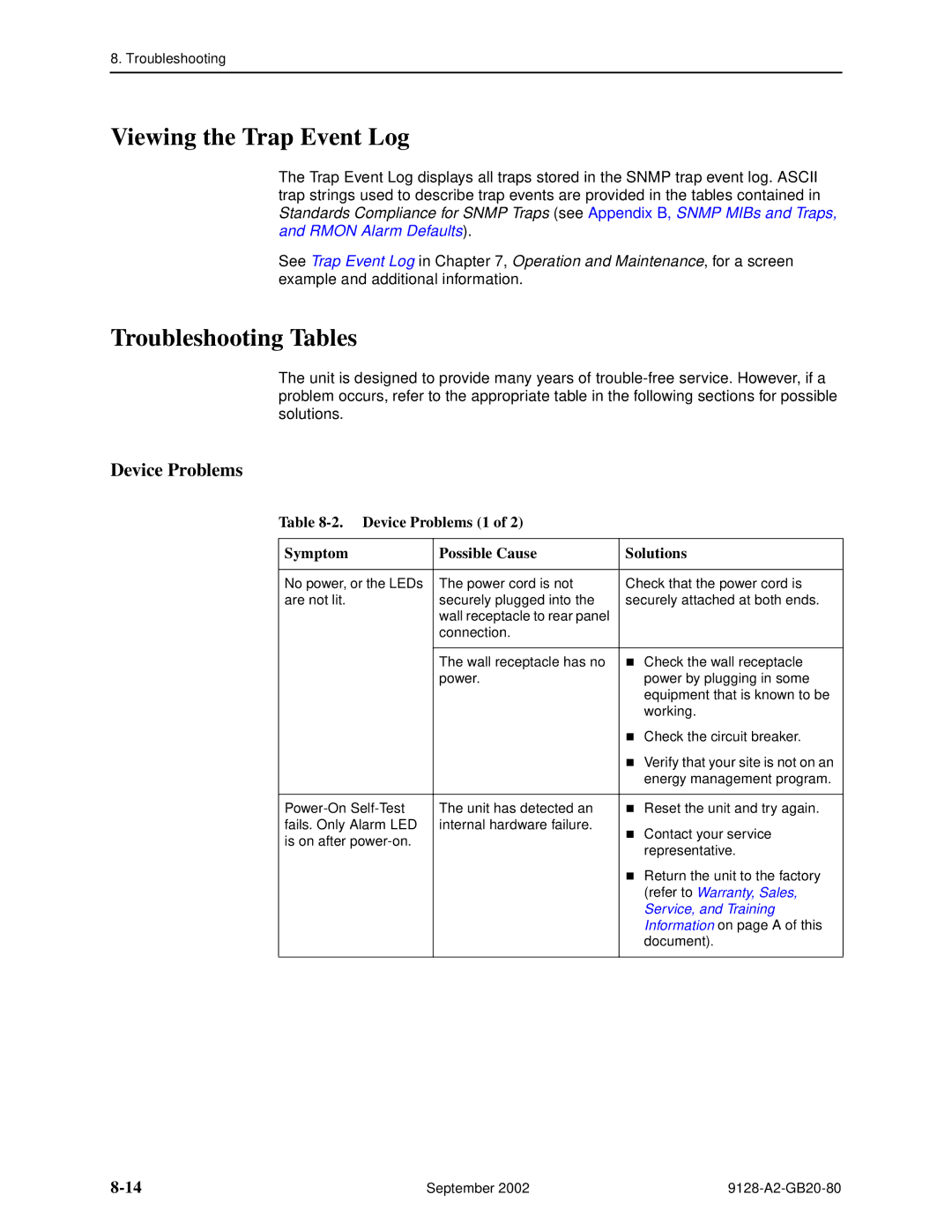 Paradyne 9128-II, CSU, DSU, 9126-II manual Viewing the Trap Event Log, Troubleshooting Tables, Device Problems 