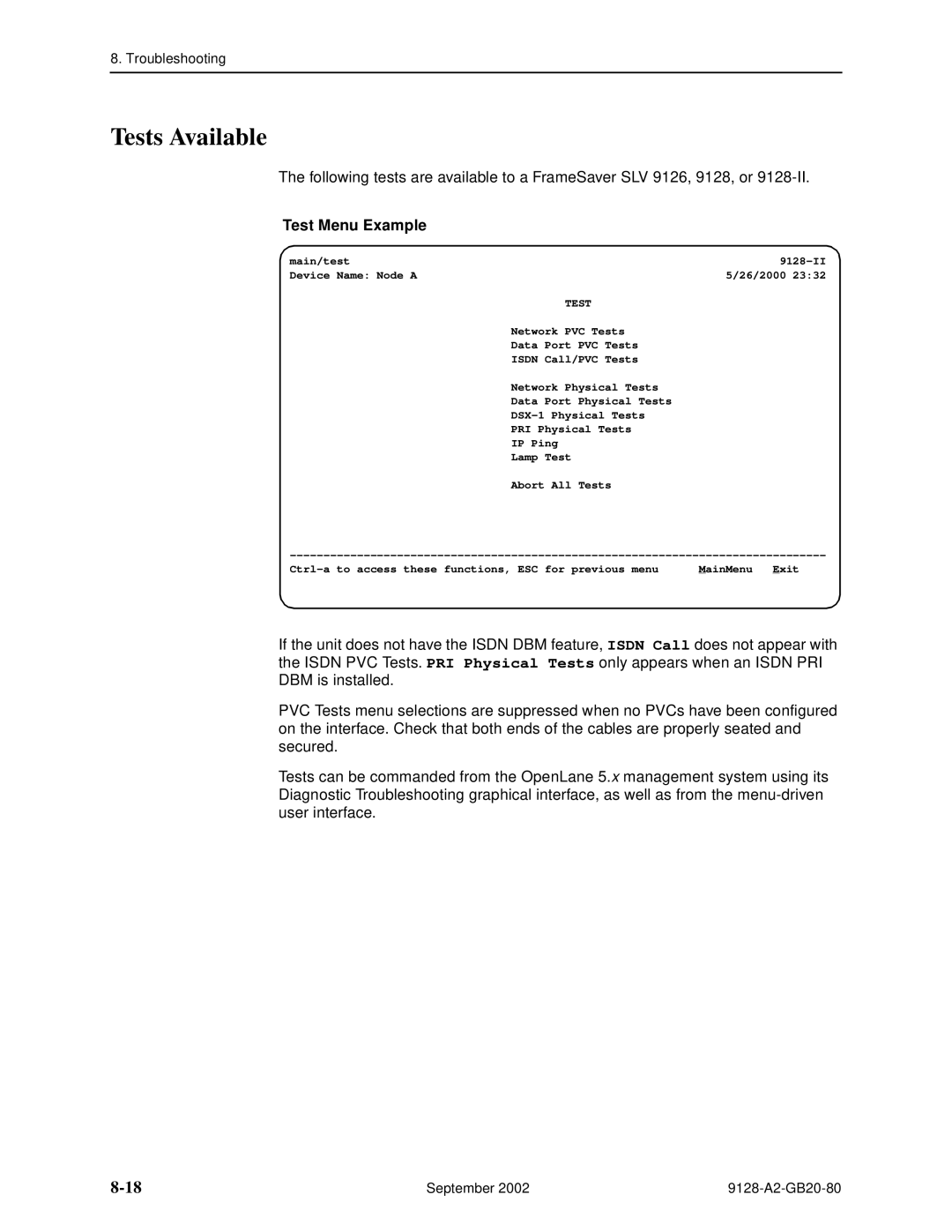 Paradyne 9128-II, CSU, DSU, 9126-II manual Tests Available, Test Menu Example 