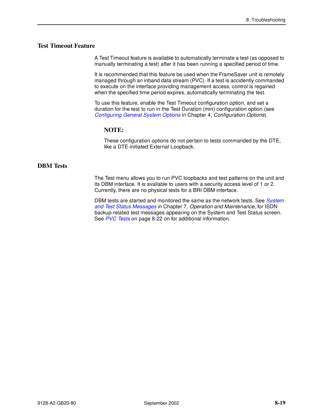 Paradyne CSU, DSU, 9126-II, 9128-II manual Test Timeout Feature, DBM Tests 