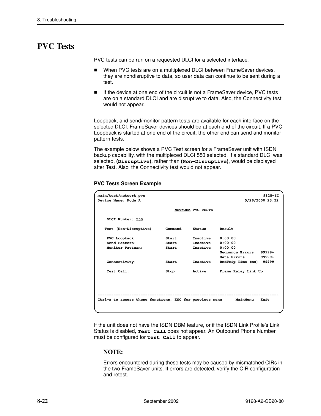 Paradyne 9128-II, CSU, DSU, 9126-II manual PVC Tests Screen Example 