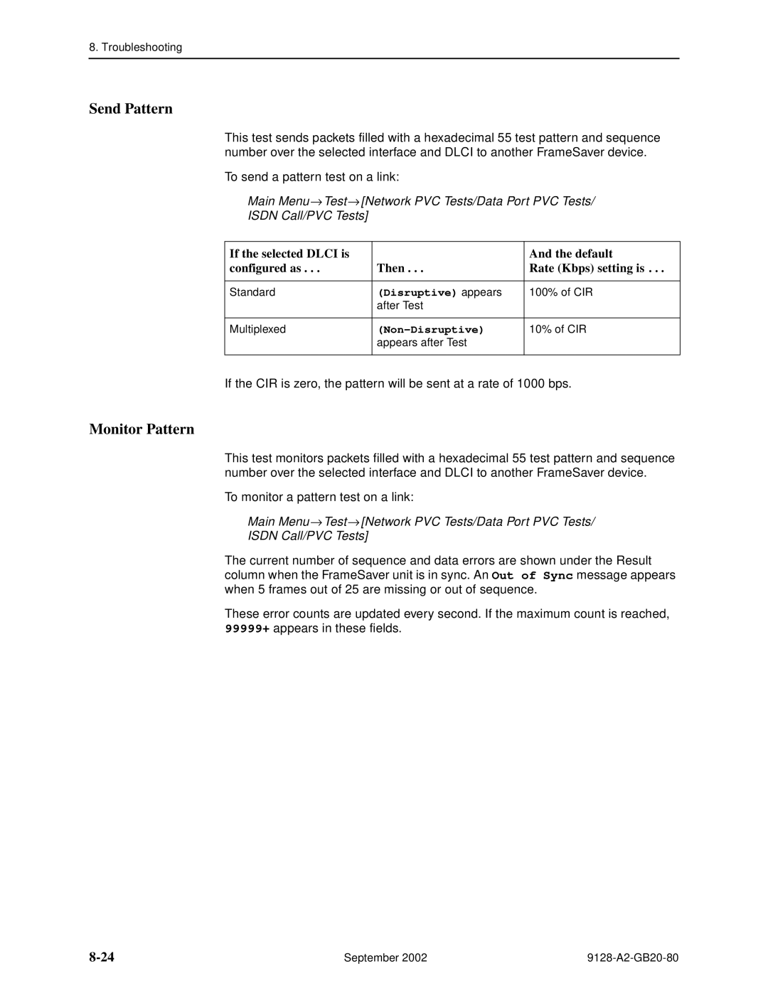 Paradyne CSU, DSU, 9126-II manual Send Pattern, Monitor Pattern, Network PVC Tests/Data Port PVC Tests, Isdn Call/PVC Tests 