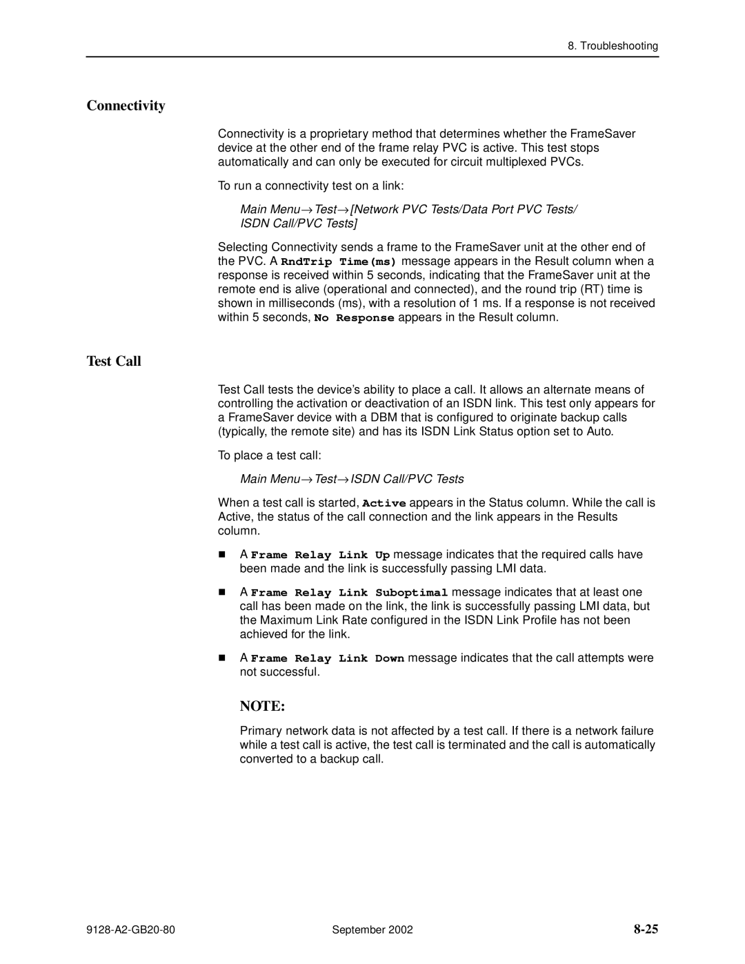 Paradyne 9126-II, CSU, DSU, 9128-II manual Connectivity, Test Call 