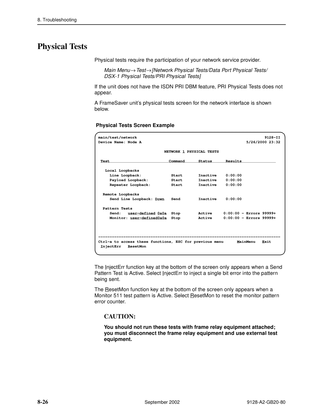 Paradyne 9128-II, CSU, DSU, 9126-II manual Physical Tests Screen Example 