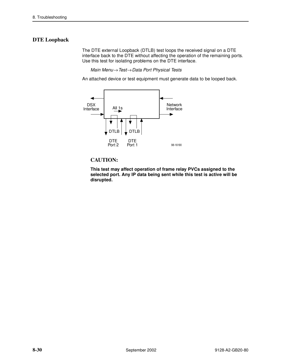 Paradyne 9128-II, CSU, DSU, 9126-II manual DTE Loopback, Main Menu → Test→ Data Port Physical Tests, Dsx, Dtlb DTE 