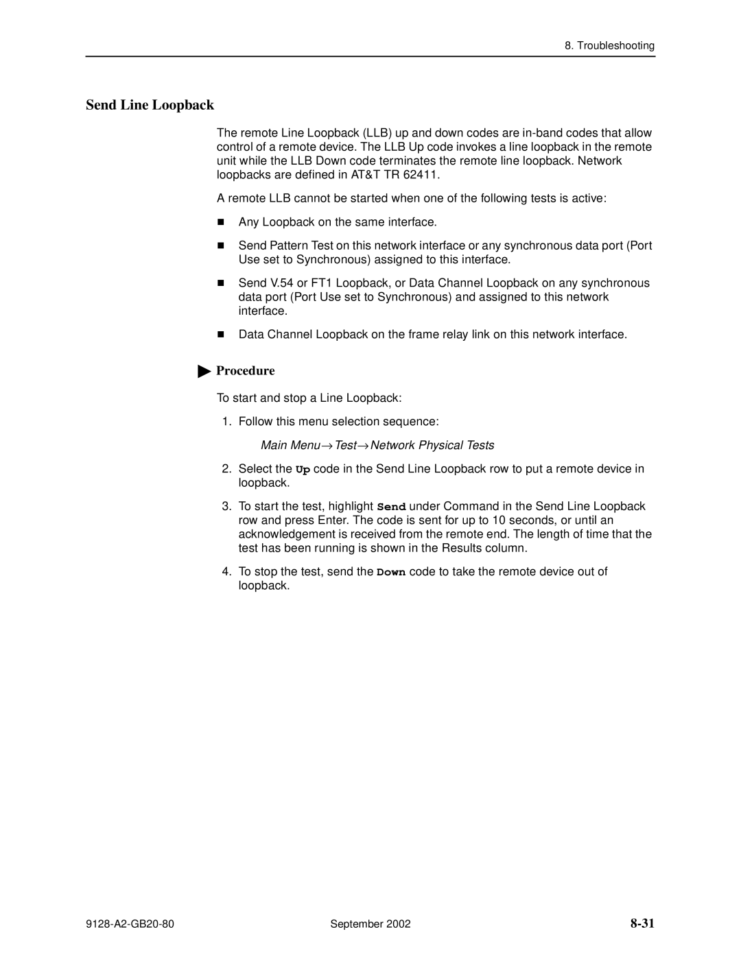 Paradyne CSU, DSU, 9126-II, 9128-II manual Send Line Loopback, Procedure 