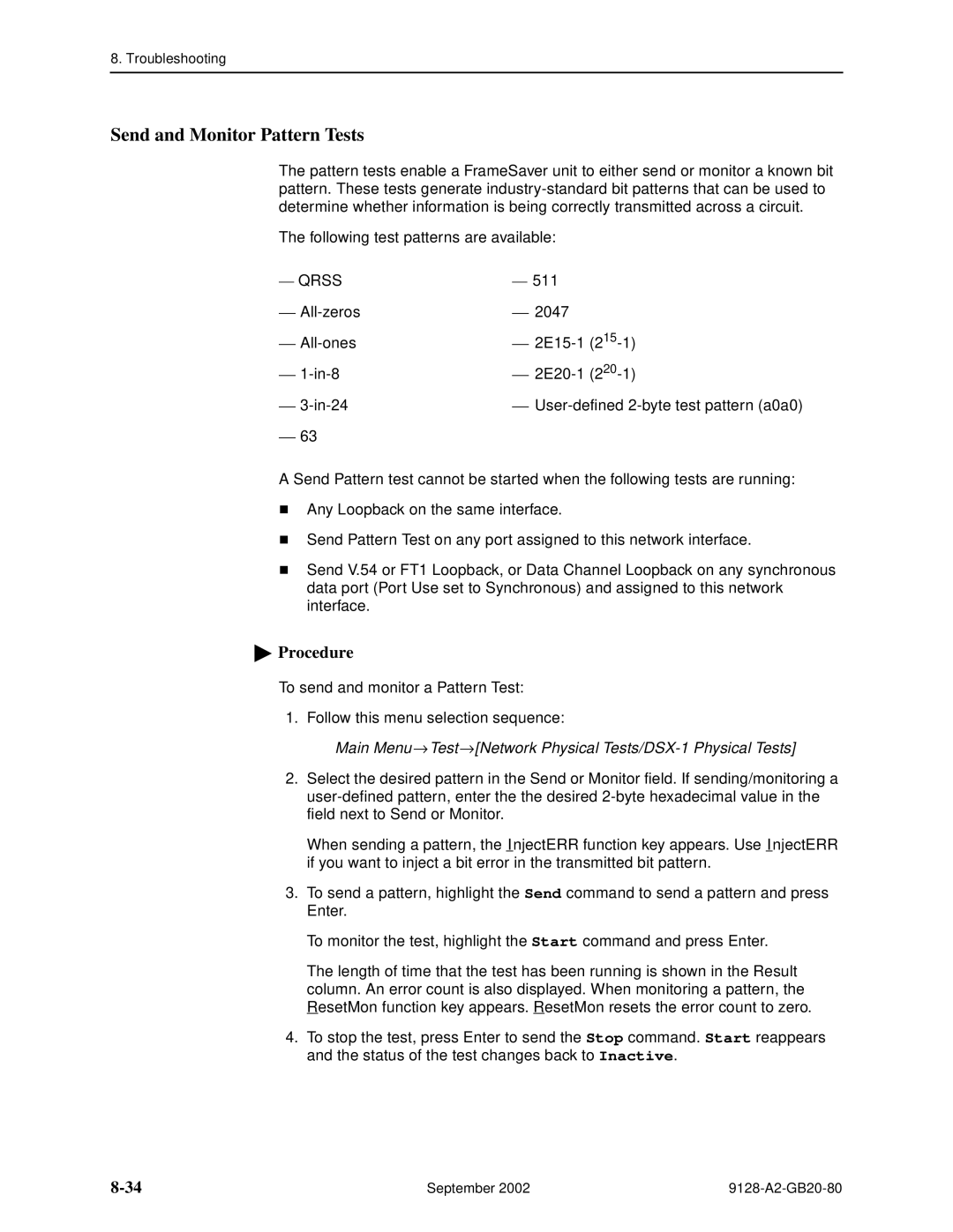 Paradyne 9128-II, CSU, DSU, 9126-II manual Send and Monitor Pattern Tests, Qrss 